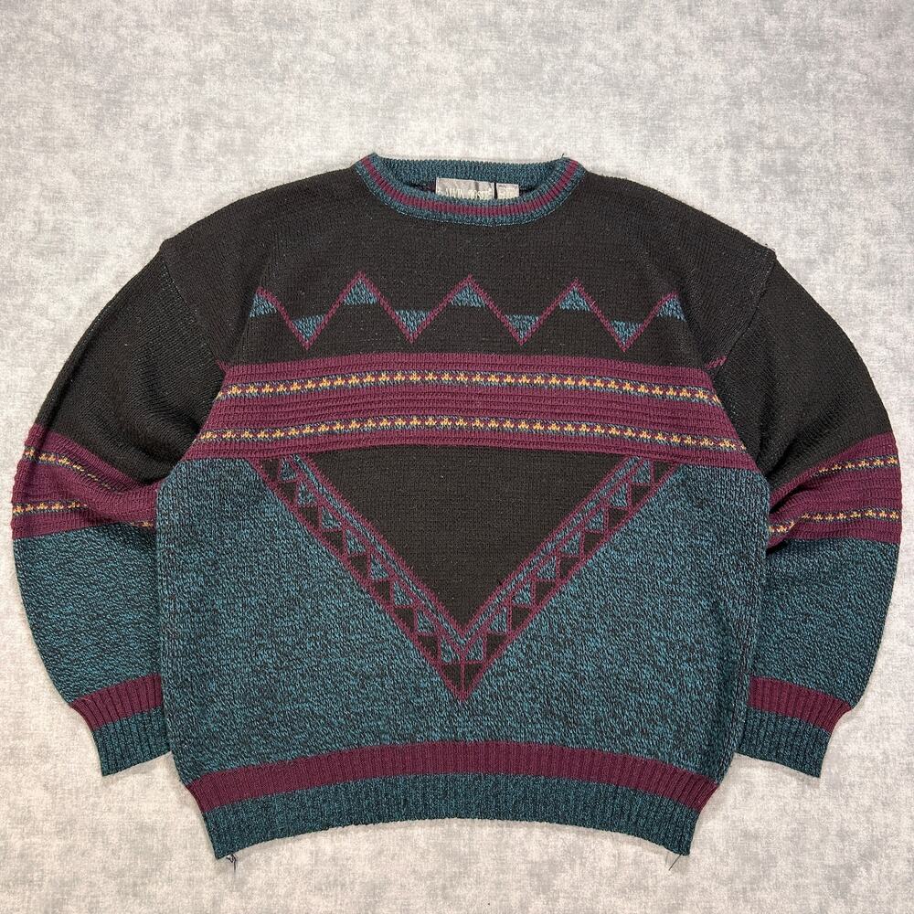 Vintage 90s Alvin Josef Collection Geometric Knit Sweater Mens XXL Teal Burgundy